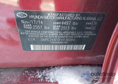 2015 Hyundai Sonata Se z USA, uszkodzony, nr VIN 5NPE24AF0FH136084